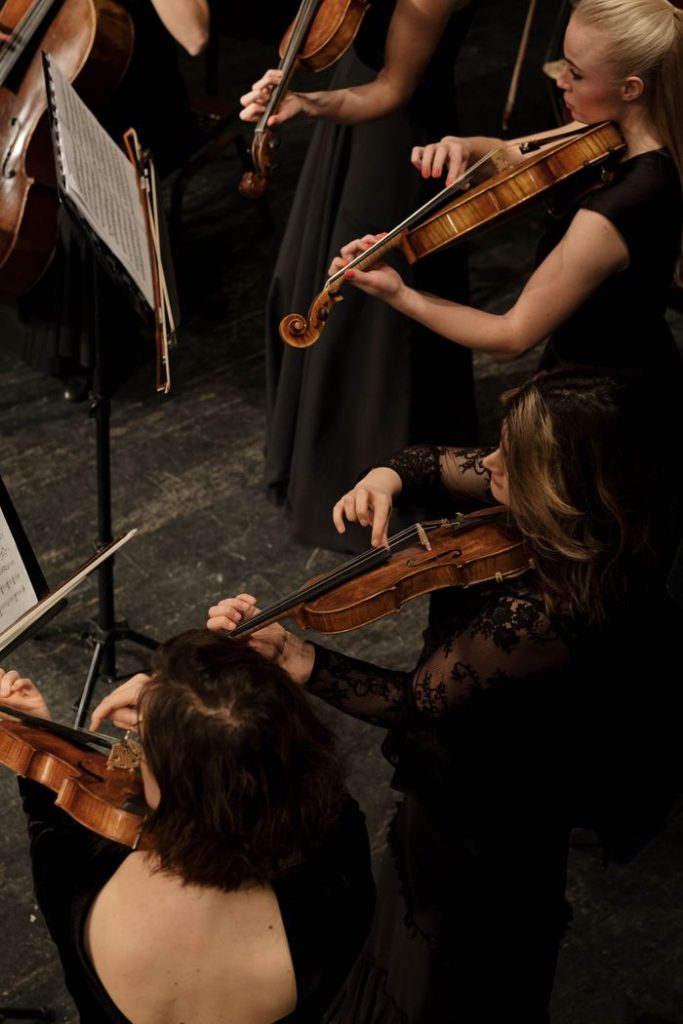 Top-view of female violinists in black dresses performing in an orchestra.